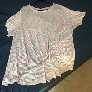 Knotted crop front t-shirt, pink teal stripes